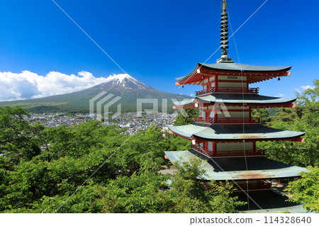山梨縣富士吉田市鮮綠色的新倉山五層寶塔和富士山 114328640