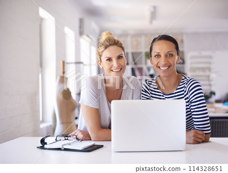 Woman, portrait and fashion design teamwork at laptop for small business production, collaboration or manufacturing. Female people, face and creative studio for clothing textile, craft or start up Woman, portrait and fashion design teamwork at laptop for small business production, collaboration or manufacturing. Female people, face and creative studio for clothing textile, craft or start up 114328651