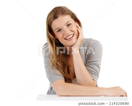 Happy woman, portrait and smile in studio for glow, cosmetics and confident on white background. Gen z, female person and young model inside for makeup, lipstick and hair transformation with pride. Happy woman, portrait and smile in studio for glow, cosmetics and confident on white background. Gen z, female person and young model inside for makeup, lipstick and hair transformation with pride. 114328690