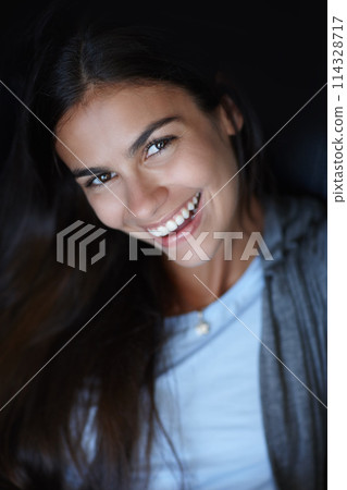 Happy woman, smile or portrait in studio for skincare or cosmetology for natural shine or face. Cosmetics, beauty or girl with healthy glow or dermatology results for wellness on black background 114328717