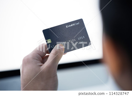 Hand, credit card and computer to place online order for ecommerce, internet shopping and fintech. Person, tech or pc searching web with banking details for digital retail, transaction and payment 114328747