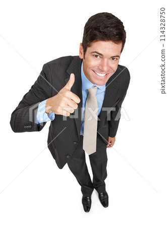 Businessman, portrait and thumbs up for like in studio, yes and motivation for winner on white background. Male person, top view and emoji for agreement or success, promotion and great or thank you 114328750