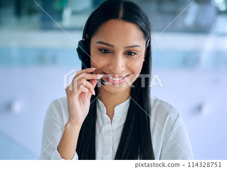 Woman, headphones and mic for callcenter with telecom, communication and contact us with CRM. Happy working at telemarketing agency, sales and phone call with help desk, customer service and support 114328751
