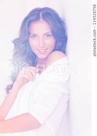 Woman, portrait and fashion in studio, confident and bare shoulders on white background. Female person, outfit and face for clothes or casual trend, wall backdrop and isolated for designer aesthetic Woman, portrait and fashion in studio, confident and bare shoulders on white background. Female person, outfit and face for clothes or casual trend, wall backdrop and isolated for designer aesthetic 114328758