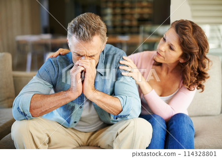 Stress, frustrated and mature couple with communication problem, toxic marriage or fear of debt crisis. Sad, divorce risk or depressed man or woman for support, empathy or help in home, sofa or house 114328801