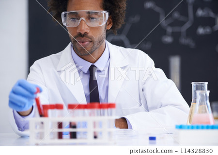 Man, scientist and test tube for blood in laboratory, container and biochemistry for pathology. Black person, biology and DNA research for healthcare, RNA and process for medical innovation study 114328830