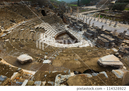 Aerial view of remains of Odeon and State Agora in Ephesus after reconstruction 114328922