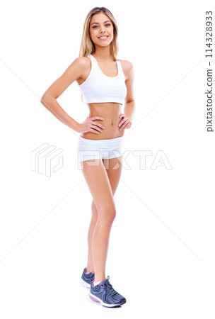 Portrait, fitness and woman with smile, exercise and happiness isolated on white studio background. Full body, model and girl with wellness and diet plan with health and workout with training and joy Portrait, fitness and woman with smile, exercise and happiness isolated on white studio background. Full body, model and girl with wellness and diet plan with health and workout with training and joy 114328933