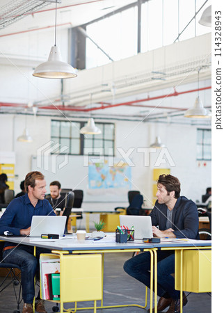 Men, business and workers with laptop for teamwork, partnership or collaboration for digital search in company. Office, workspace and startup with technology, creative and online website design 114328943