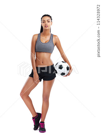 Soccer, portrait and woman with ball in studio for match, game or kick off on white background. Sports, football player and confident female person for training, workout or fitness on mockup space Soccer, portrait and woman with ball in studio for match, game or kick off on white background. Sports, football player and confident female person for training, workout or fitness on mockup space 114328972