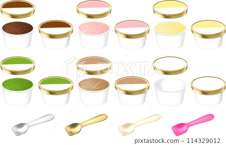 Ice cream in paper cups, 5 flavors and empty paper cups 114329012