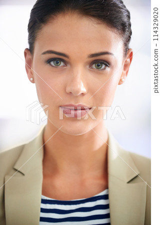 Portrait of businesswoman, closeup or finance career in office for professional, job or corporate company. Face, proud employee or work as financial consultant or serious female worker in workplace 114329020