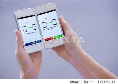 Share, hands and phone with screen for files, transfer or networking on grey background in studio. Download, user info or mobile smartphone display for social media, app sync or access on two devices 114329033