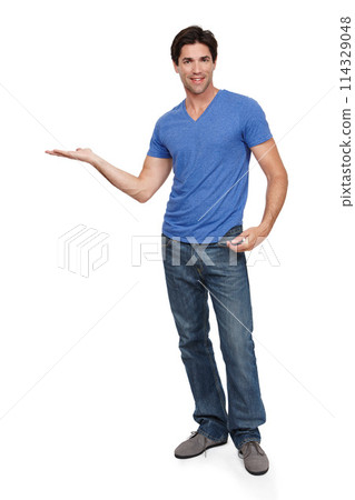 Man, advertising and mockup in portrait with information or announcement, news and menu isolated on white background. Marketing, promotion or direction with notice, sign and coming soon in studio 114329048