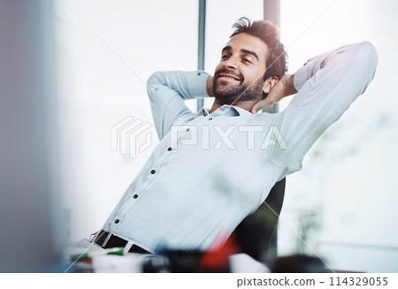 Office, employee and man at desk, relax and stretching with break and peaceful with easy project. Startup, happy person and professional with smile and consultant with finished assignment and resting Office, employee and man at desk, relax and stretching with break and peaceful with easy project. Startup, happy person and professional with smile and consultant with finished assignment and resting 114329055