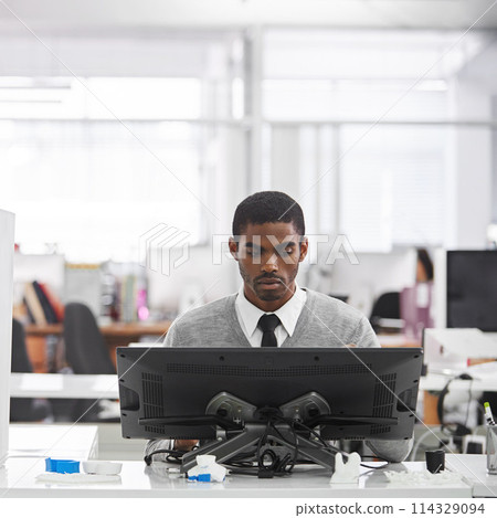 Black man, technology and worker with computer at workplace, office and professional at desk for creative career. African male person, graphic designer or illustrator working on designs on 3D printer 114329094