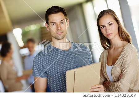 Team, documents and portrait in office with contract for business meeting, proposal and investment. Man, document and woman in workplace with confidence for collaboration, management and offer 114329107