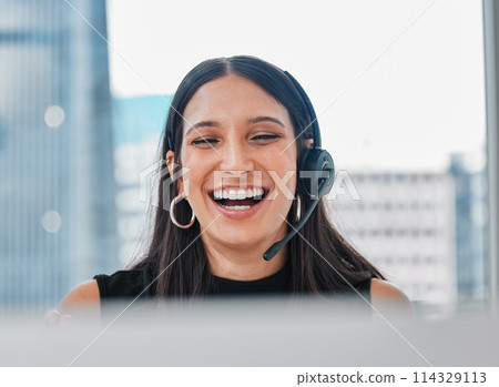 Call center, contact us and woman agent in office for online crm consultation with headset. Technology, technical support and female customer service or telemarketing consultant working on computer. 114329113
