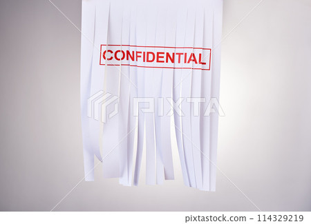 Secret, report and shred of paper, studio and money laundering in business, criminal and evidence in document. Confidential, corporate fraud and embezzlement of funds by government and scam of public 114329219