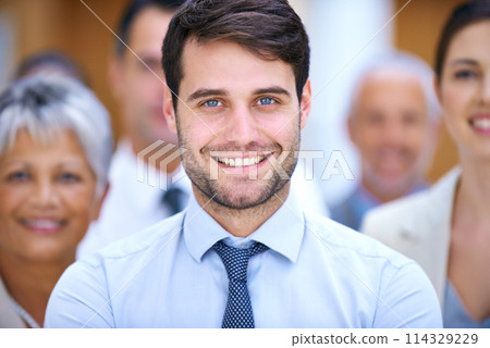 Portrait, leadership and business people with happy manager, confidence or solidarity in startup career. Community, face of professional men and women together in office for teamwork, pride and smile 114329229