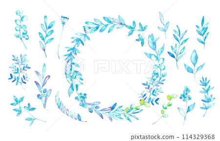水彩。植物向量圖與水彩觸感。婚禮圖像的夏季植物框架。 114329368