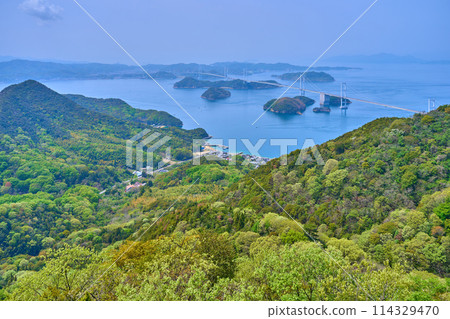 Looking west towards the Kurushima Kaikyo Bridge from the observation deck of Kirosan Observation Park in Imabari City, Ehime Prefecture in spring 114329470