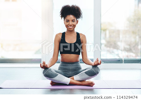 Portrait, yoga and home with woman, training and exercise with wellness, sunshine and fitness. Face, person and girl with peace, body care or breathing with progress, zen and chakra with smile or joy Portrait, yoga and home with woman, training and exercise with wellness, sunshine and fitness. Face, person and girl with peace, body care or breathing with progress, zen and chakra with smile or joy 114329474