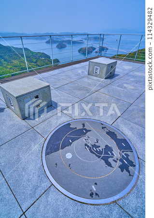 Observation Deck B and compass at Kirosan Observation Park in Imabari City, Ehime Prefecture, overlooking the Kurushima Kaikyo Bridge Observation Deck B and compass at Kirosan Observation Park in Imabari City, Ehime Prefecture, overlooking the Kurushima Kaikyo Bridge 114329482