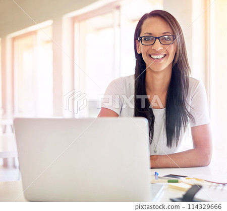 Happy, woman and portrait with laptop for email and planning with research information in notebook. Entrepreneur, excited and communication online with diary or journal on desk and ideas for startup 114329666