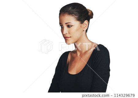 Closeup, thinking and woman with smile for beauty, makeup and cosmetics isolated on white background. Cosmetology, face and mockup space with female person for skin care, treatment and dermatology 114329679