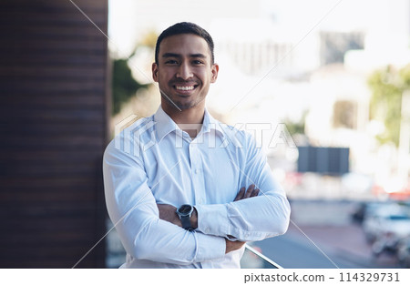 Portrait, employee and Asian man with arms crossed, smile and corporate goals with employee and proud. Face, African person and entrepreneur with career ambition and startup business with confidence 114329731
