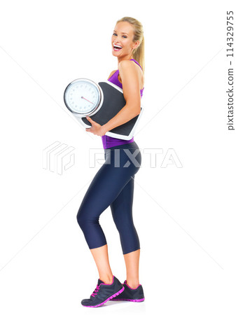 Woman, portrait and scale for lose weight in studio for training workout or diet progress, exercise or white background. Female person, face and fitness health for wellness, sports or mockup space 114329755