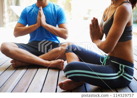 Couple, people and home for meditation with peace, calm and mindfulness or spirituality. Relationship, mental health and zen as activity or hobby for wellness, wellbeing and self care for balance 114329757