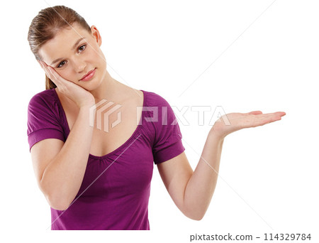 Beauty, portrait and girl with hand space in studio for makeup, review or wellness results on white background. Mockup, face and gen z model with empty palm for skincare, information and promotion 114329784