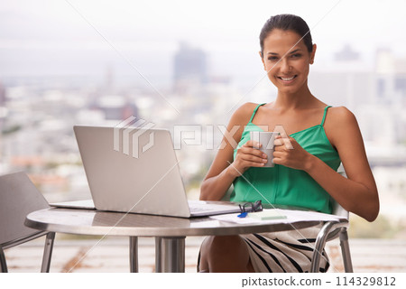 Outdoor, coffee and portrait of woman with laptop in city for remote work, business and notes on research. Happy, entrepreneur and investor with latte on balcony with computer for planning online 114329812