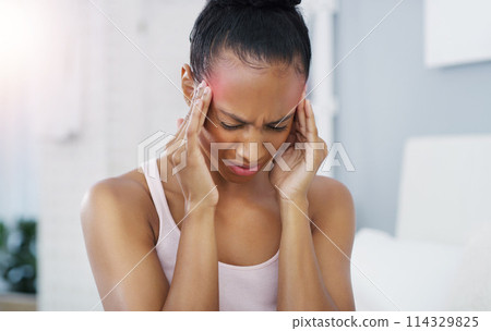 Woman, pain and migraine pressure in home with red overlay for brain fog, vertigo or headache. Female person, hands and stress inflammation for fatigue or mental health anxiety, overworked or hurt Woman, pain and migraine pressure in home with red overlay for brain fog, vertigo or headache. Female person, hands and stress inflammation for fatigue or mental health anxiety, overworked or hurt 114329825