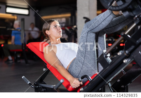 Young woman training her legs with barbell 114329835