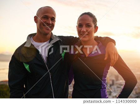 Happy couple, portrait and fitness with hug in sunset on mountain for workout, exercise or training together. Man and woman with smile, love or support for hiking, running or health and wellness Happy couple, portrait and fitness with hug in sunset on mountain for workout, exercise or training together. Man and woman with smile, love or support for hiking, running or health and wellness 114330000