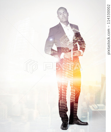 Studio, city and double exposure with portrait of businessman for legal career, job and pride. Serious, professional lawyer and person with confidence for corporate, company and law firm in New York Studio, city and double exposure with portrait of businessman for legal career, job and pride. Serious, professional lawyer and person with confidence for corporate, company and law firm in New York 114330002