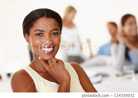 Portrait, business and happy black woman in office, workplace and company for startup job. Face, professional and African entrepreneur, employee and creative editor thinking of career for coworking Portrait, business and happy black woman in office, workplace and company for startup job. Face, professional and African entrepreneur, employee and creative editor thinking of career for coworking 114330032