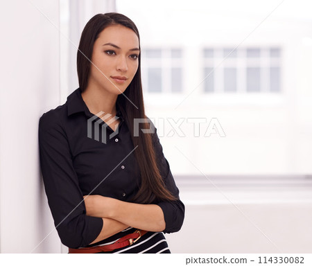 Thinking, window and business woman with arms crossed in office with questions, brainstorming or planning. Idea, dream and female entrepreneur with startup, goal or career pride, remember or solution Thinking, window and business woman with arms crossed in office with questions, brainstorming or planning. Idea, dream and female entrepreneur with startup, goal or career pride, remember or solution 114330082