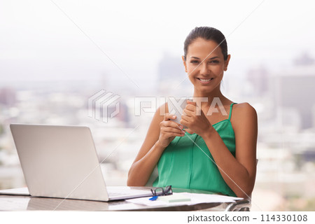 Outdoor, coffee and portrait of woman with laptop in city for remote work, business and research for trading. Happy, entrepreneur and investor with latte on balcony with computer for planning online 114330108