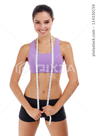 Health, fitness and woman with measuring tape in portrait, weight goal with diet and exercise on white background. Happy with progress, body and wellness with weightloss and measurement in studio 114330159