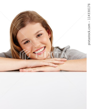 Studio, table or happy portrait of girl with skincare, dermatology or confident smile on white background. Model, relax and teenager with glow on face from natural beauty, rest on hands in mockup 114330178
