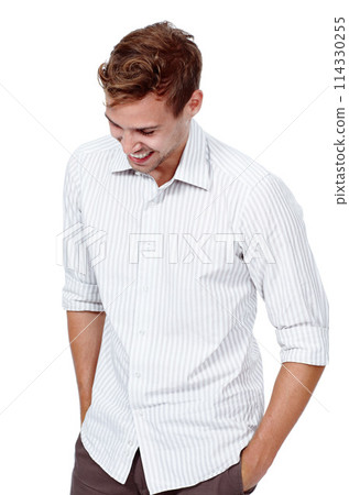 Laugh, business fashion and man in studio with confidence, opportunity or professional pride. Consultant, agent or happy salesman with casual style, ambition and creative career on white background 114330255
