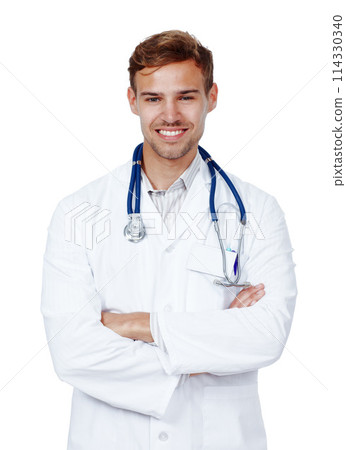 Man, doctor and smile for health care in studio on white background, excited and satisfied in London. Medical professional, portrait and happy with career growth in confidence, pride and joy Man, doctor and smile for health care in studio on white background, excited and satisfied in London. Medical professional, portrait and happy with career growth in confidence, pride and joy 114330340