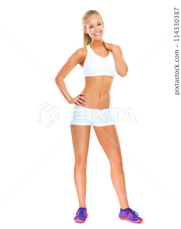 Studio, athlete and portrait of woman with smile and clothes or outfit for sports, healthy and female person. White background, wellness and fitness for girl with training, exercise or workout Studio, athlete and portrait of woman with smile and clothes or outfit for sports, healthy and female person. White background, wellness and fitness for girl with training, exercise or workout 114330387