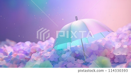 Image of the rainy season: Umbrella, hydrangeas, and rain 114330393