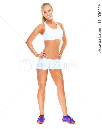 Body, portrait or happy woman in studio with fitness for exercise or training on white background. Sports lingerie, athlete and healthy female person in Sweden ready to start workout on mockup space Body, portrait or happy woman in studio with fitness for exercise or training on white background. Sports lingerie, athlete and healthy female person in Sweden ready to start workout on mockup space 114330399