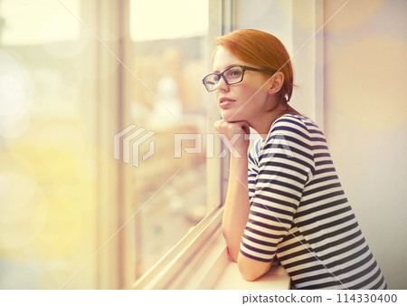 Window, thinking and woman in office with glasses, career opportunity and vision in morning. Glass, creative business and girl with insight, design inspiration and calm professional with startup idea Window, thinking and woman in office with glasses, career opportunity and vision in morning. Glass, creative business and girl with insight, design inspiration and calm professional with startup idea 114330400